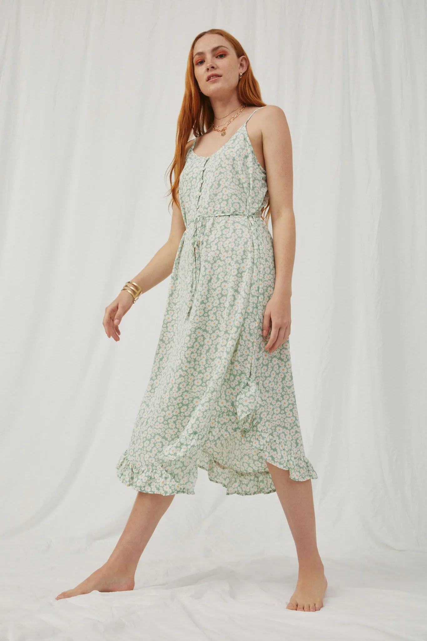 Daisy Print Tie Waist Ruffle Hem Dress