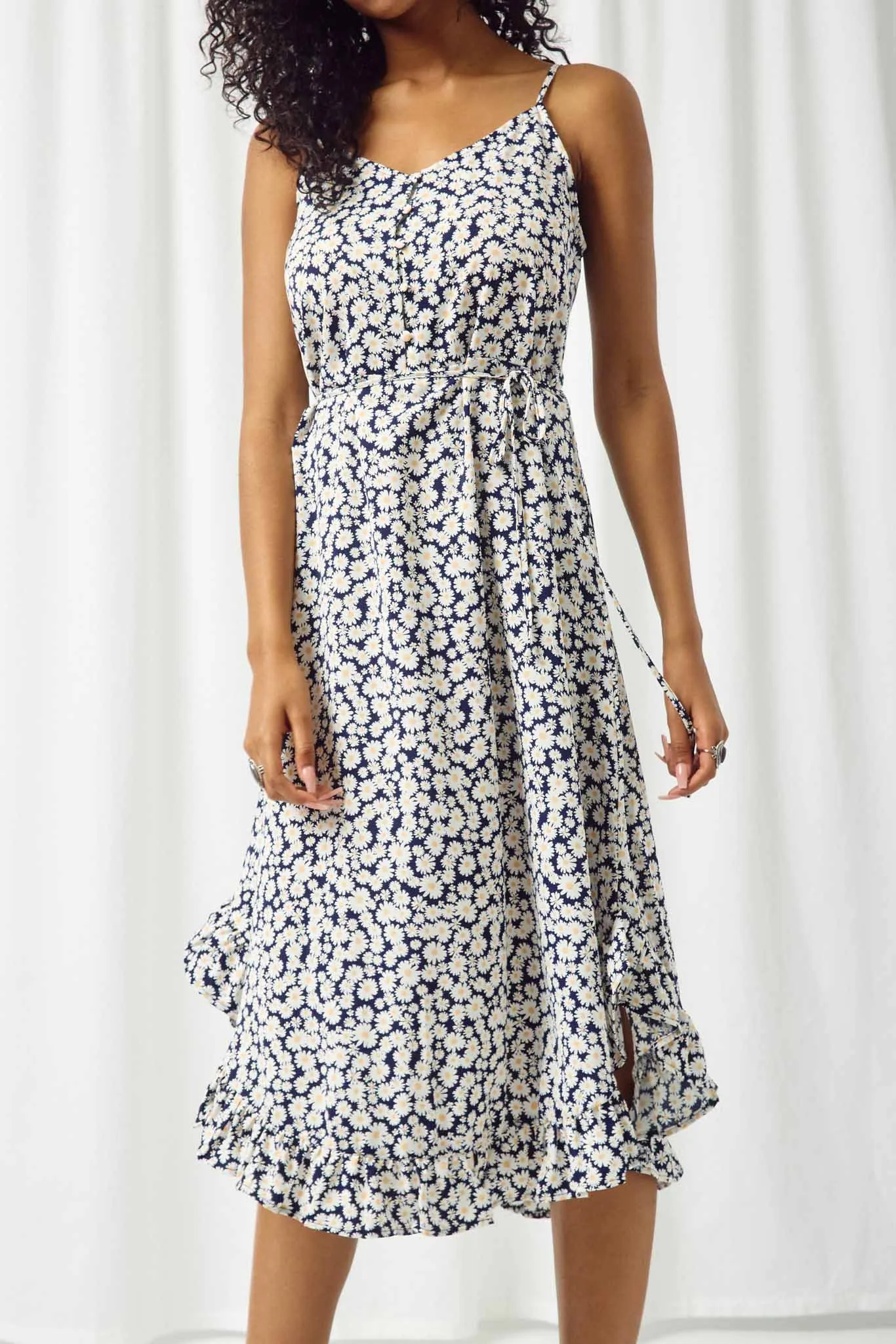 Daisy Print Tie Waist Ruffle Hem Dress