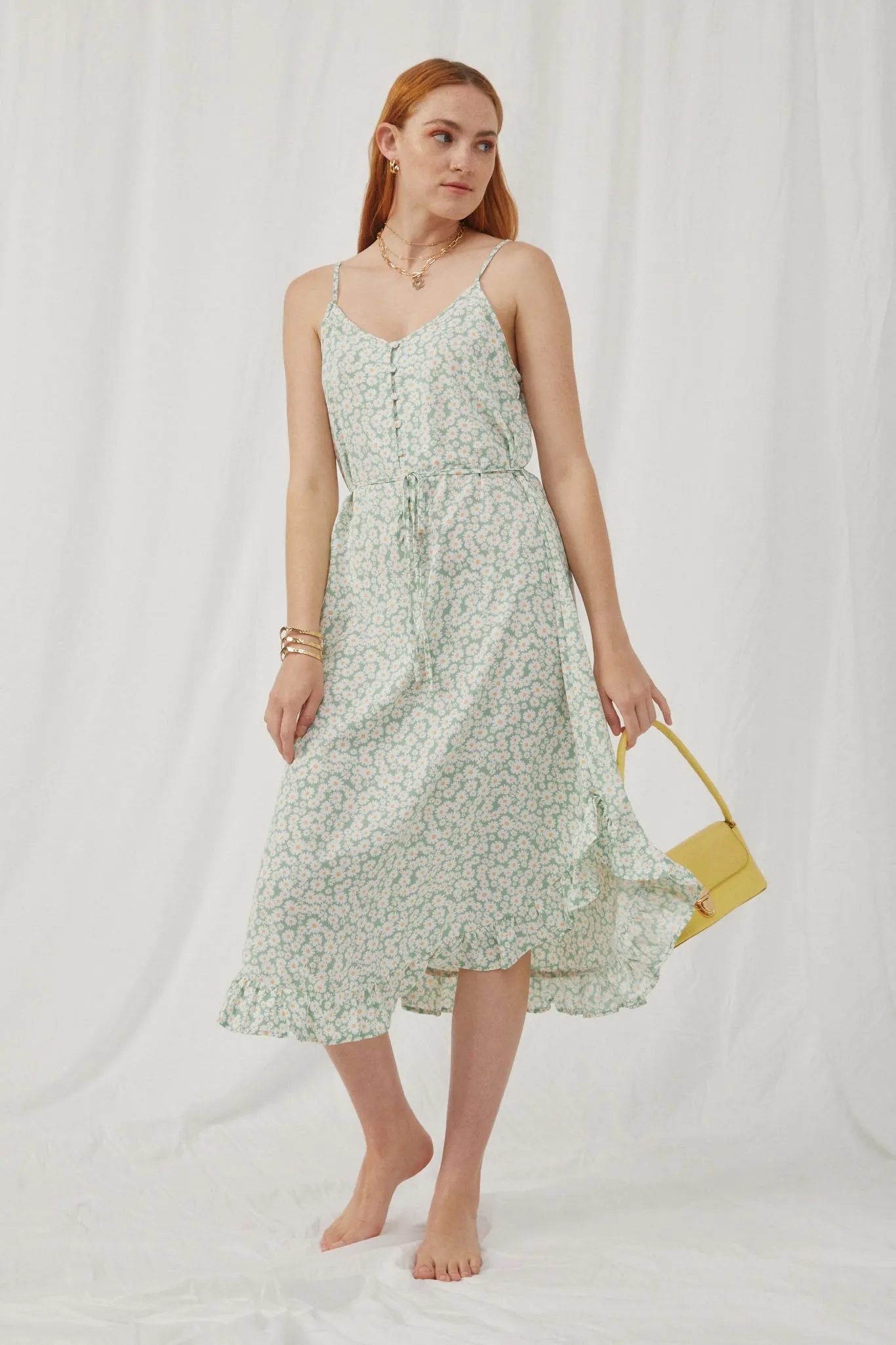 Daisy Print Tie Waist Ruffle Hem Dress