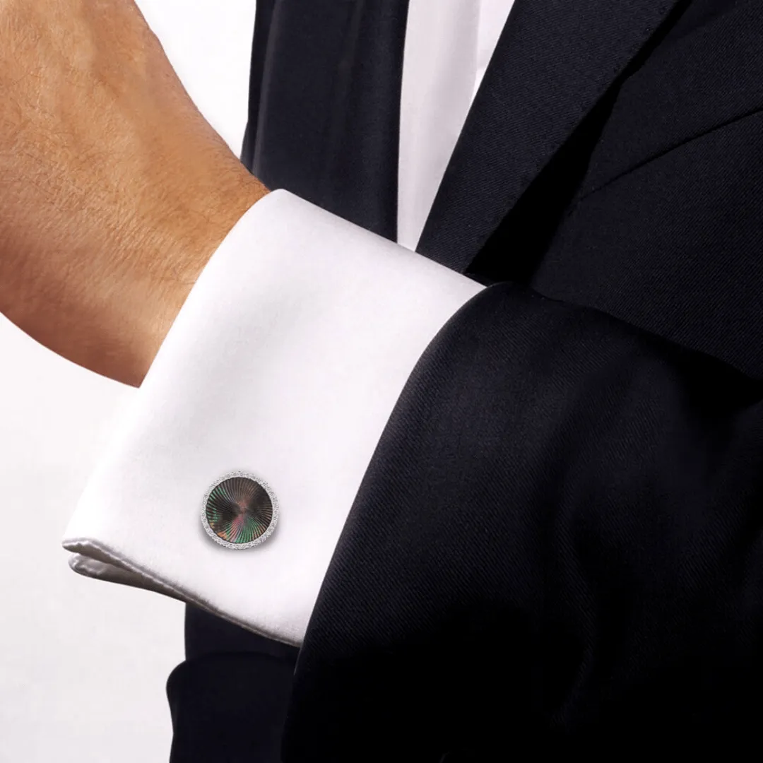 Diamond Cufflinks - 18k White Gold Black Diamond Sides - Pinctada Maxima