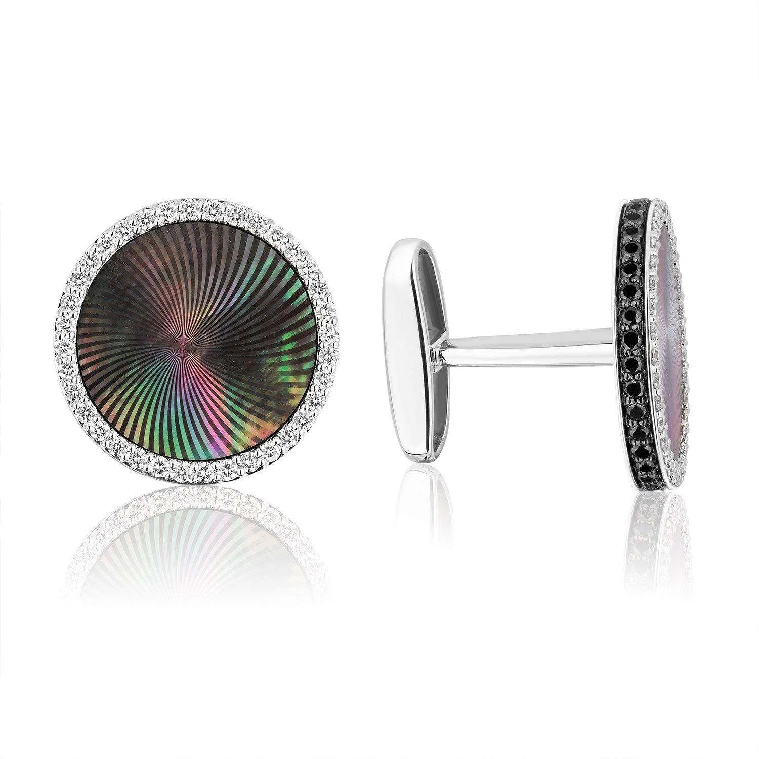 Diamond Cufflinks - 18k White Gold Black Diamond Sides - Pinctada Maxima