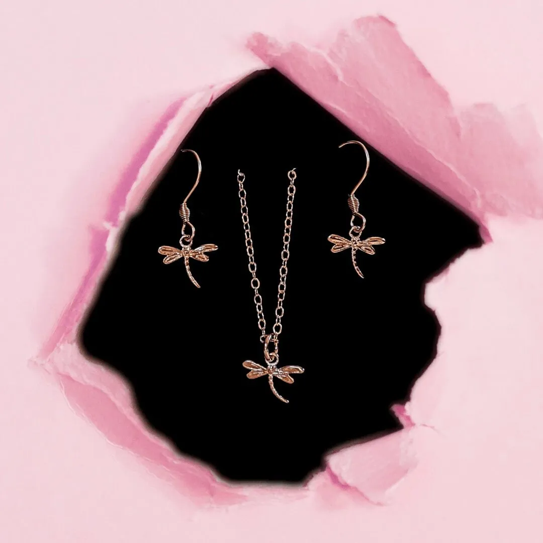 Dragonfly Rose Gold necklace/earrings set, 18 inch