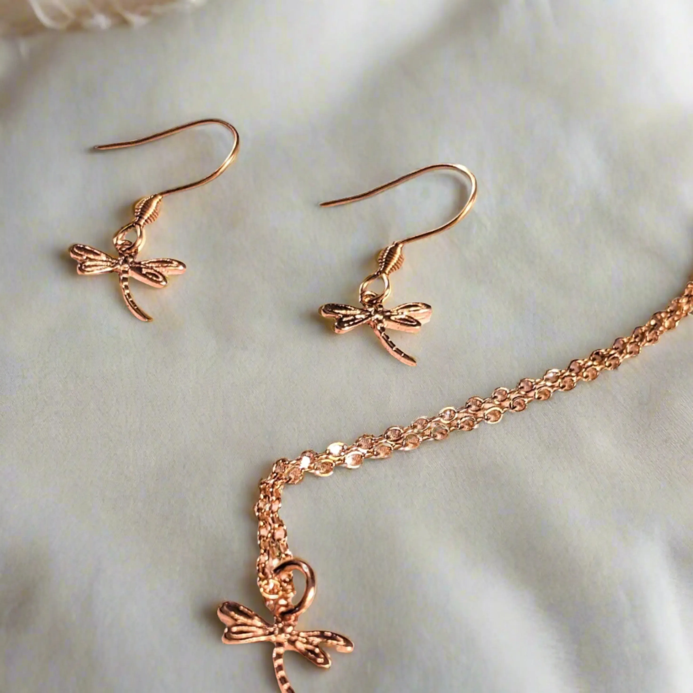 Dragonfly Rose Gold necklace/earrings set, 18 inch