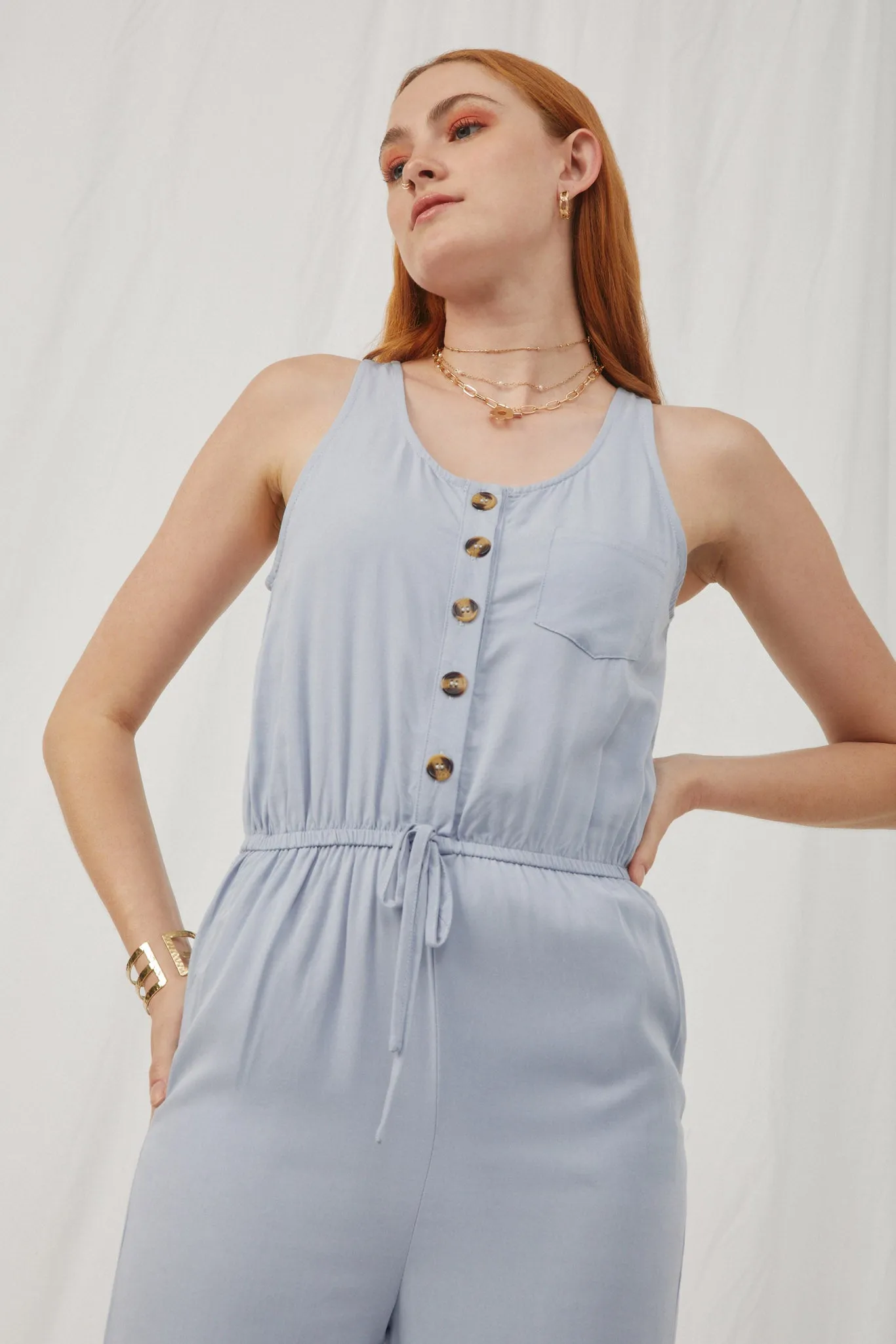 Drawstring Waist Button Detail Tank Jumpsuit