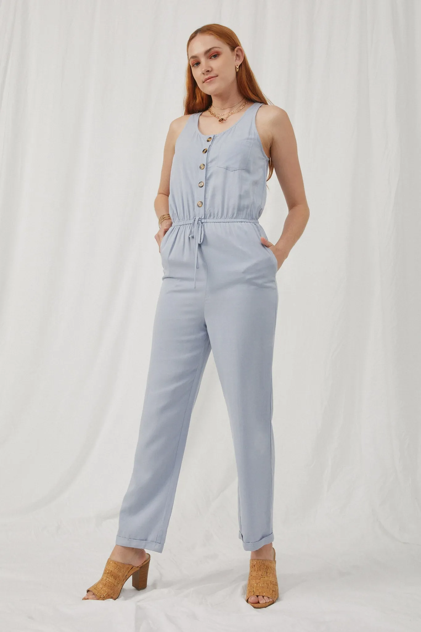 Drawstring Waist Button Detail Tank Jumpsuit