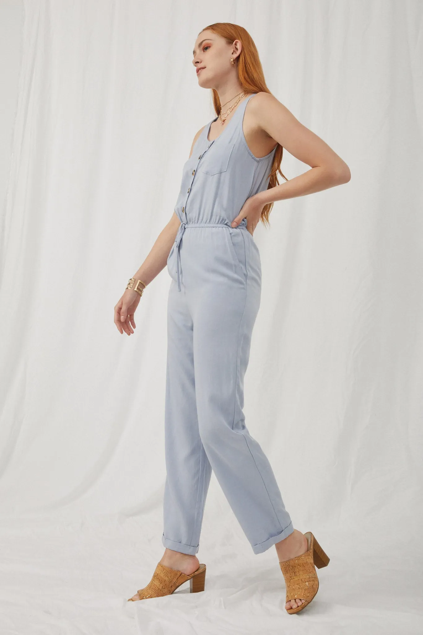 Drawstring Waist Button Detail Tank Jumpsuit