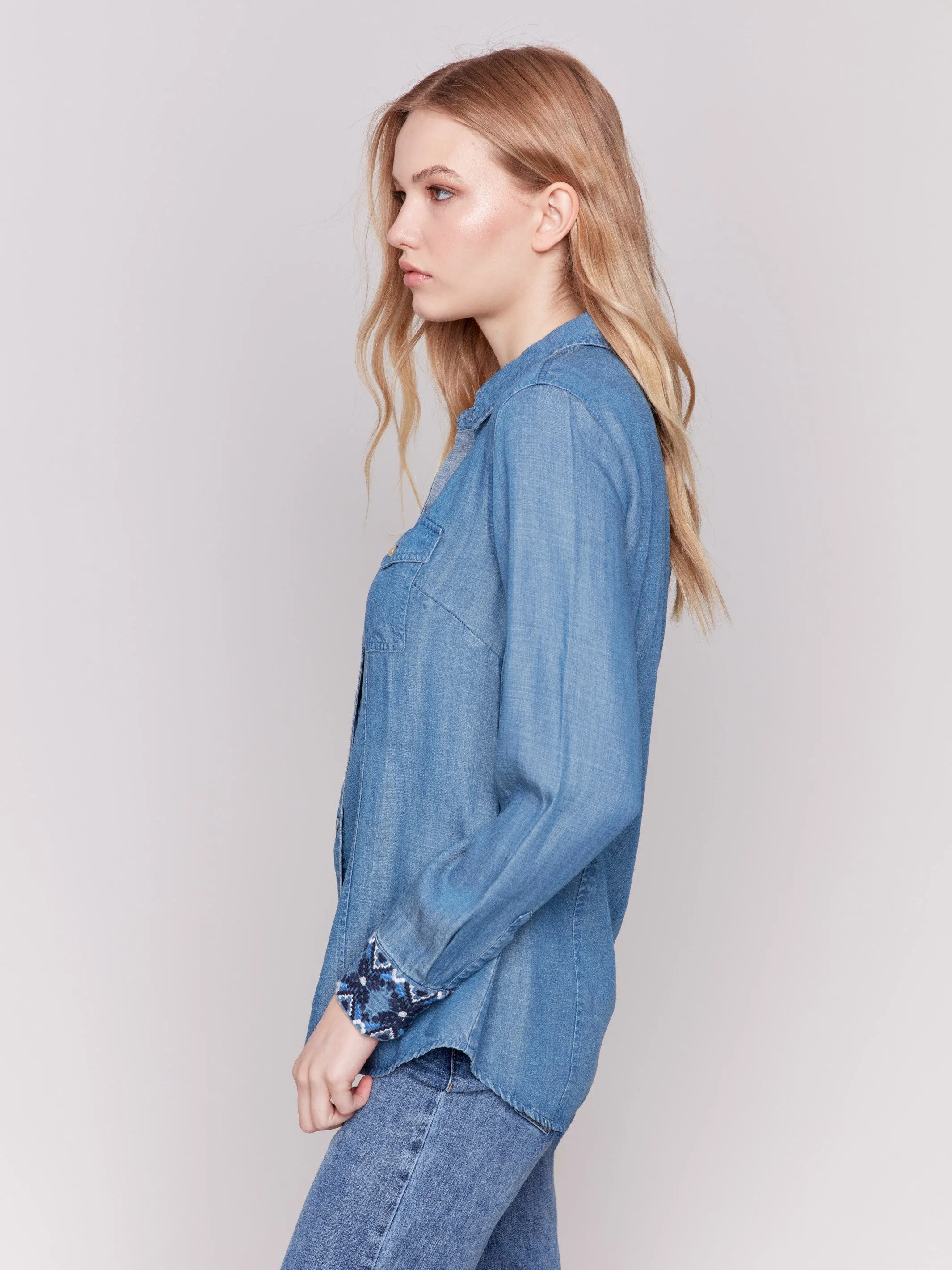 Embroidered Cuff Tencel Shirt - Denim