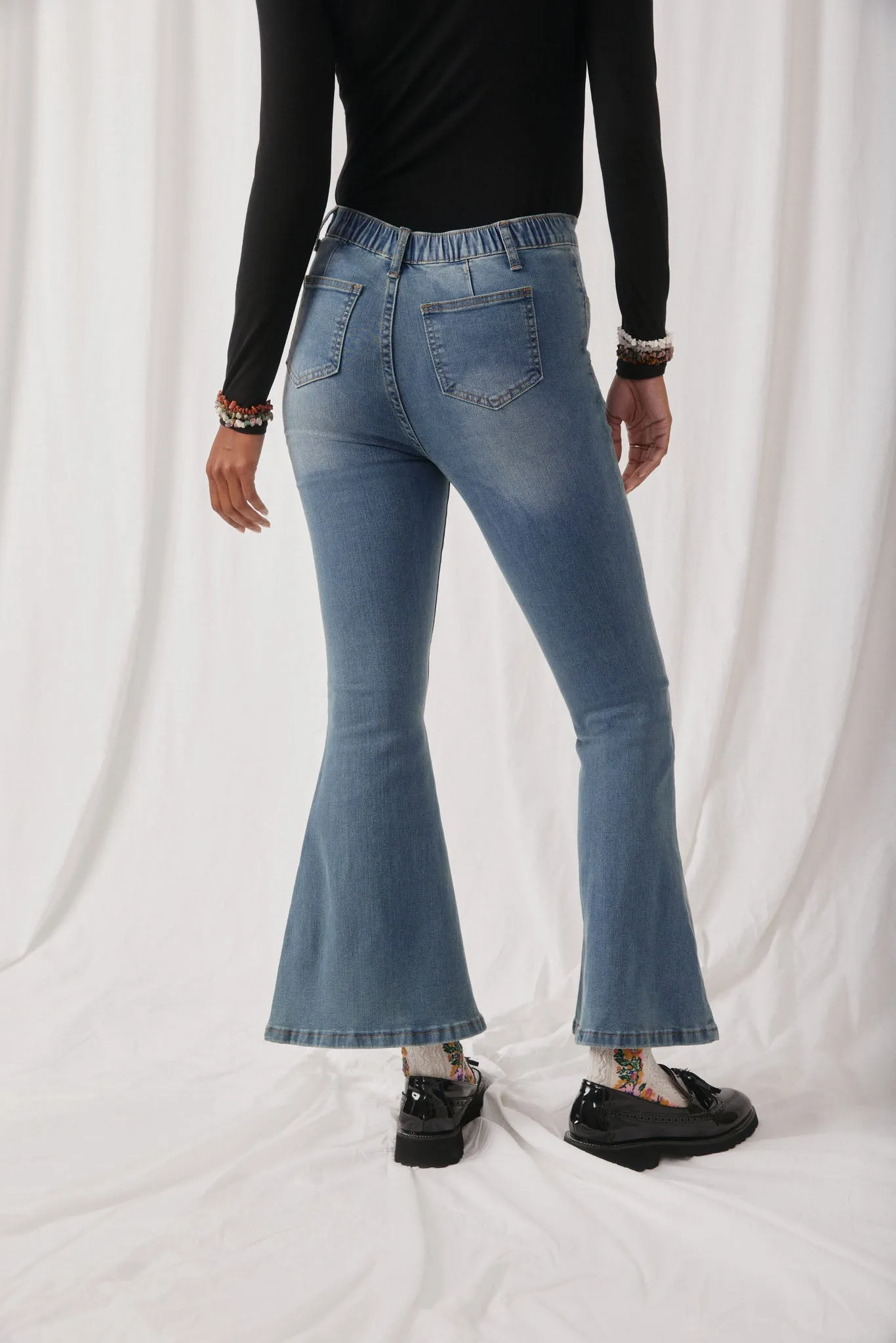 Flared Elastic Waist Stretch Denim Jeans