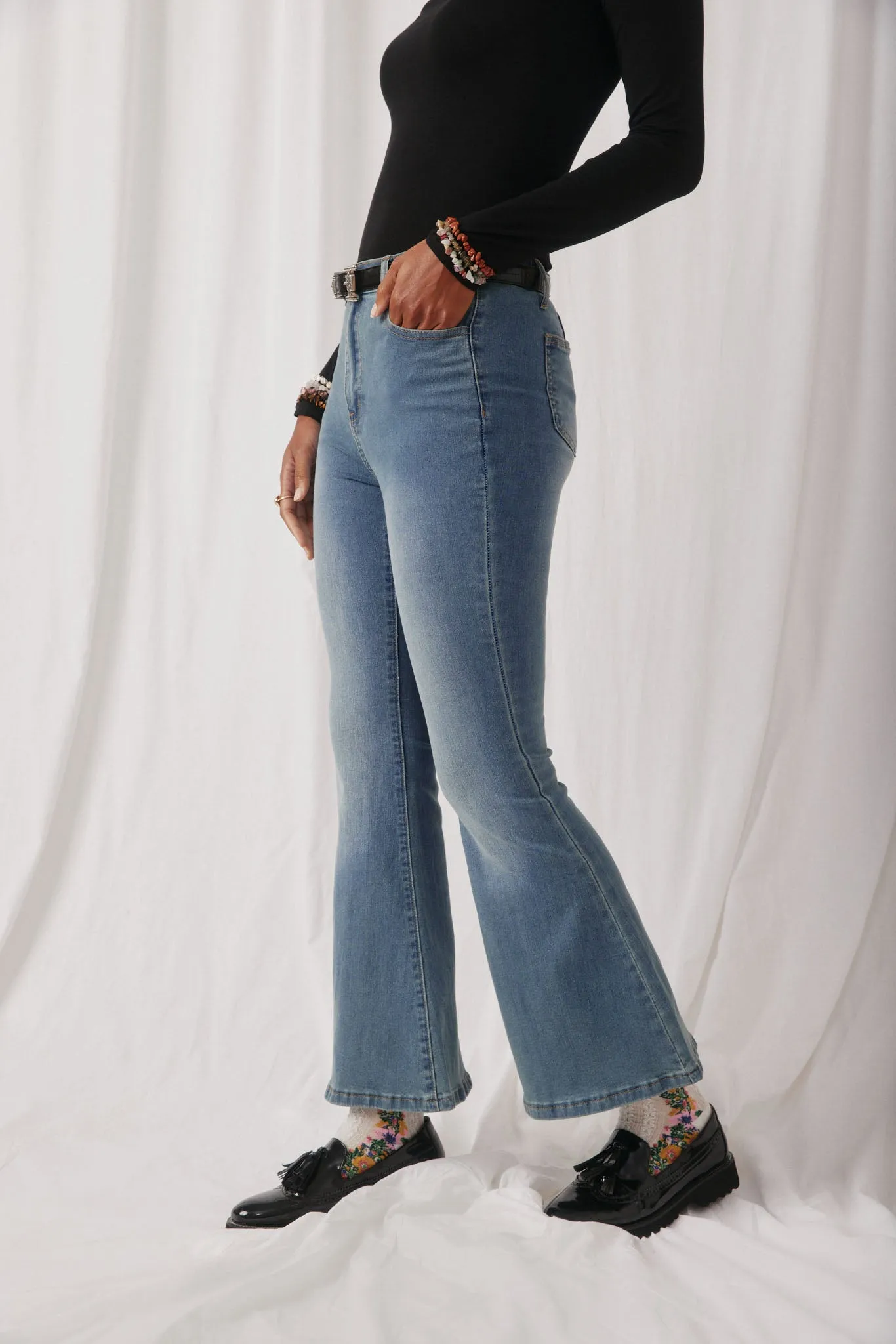 Flared Elastic Waist Stretch Denim Jeans