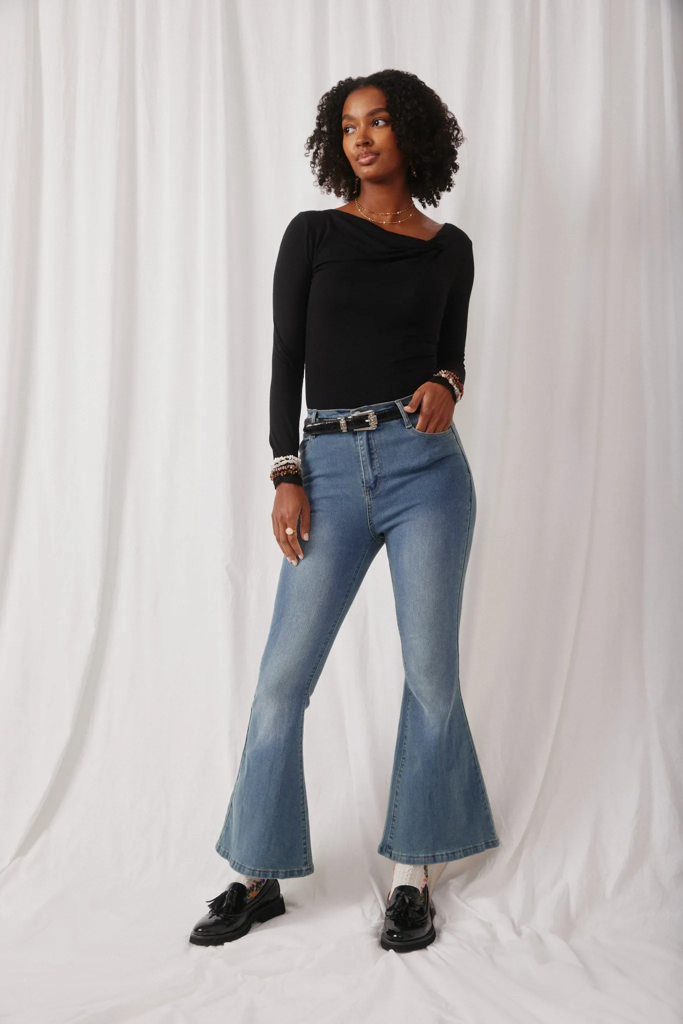 Flared Elastic Waist Stretch Denim Jeans