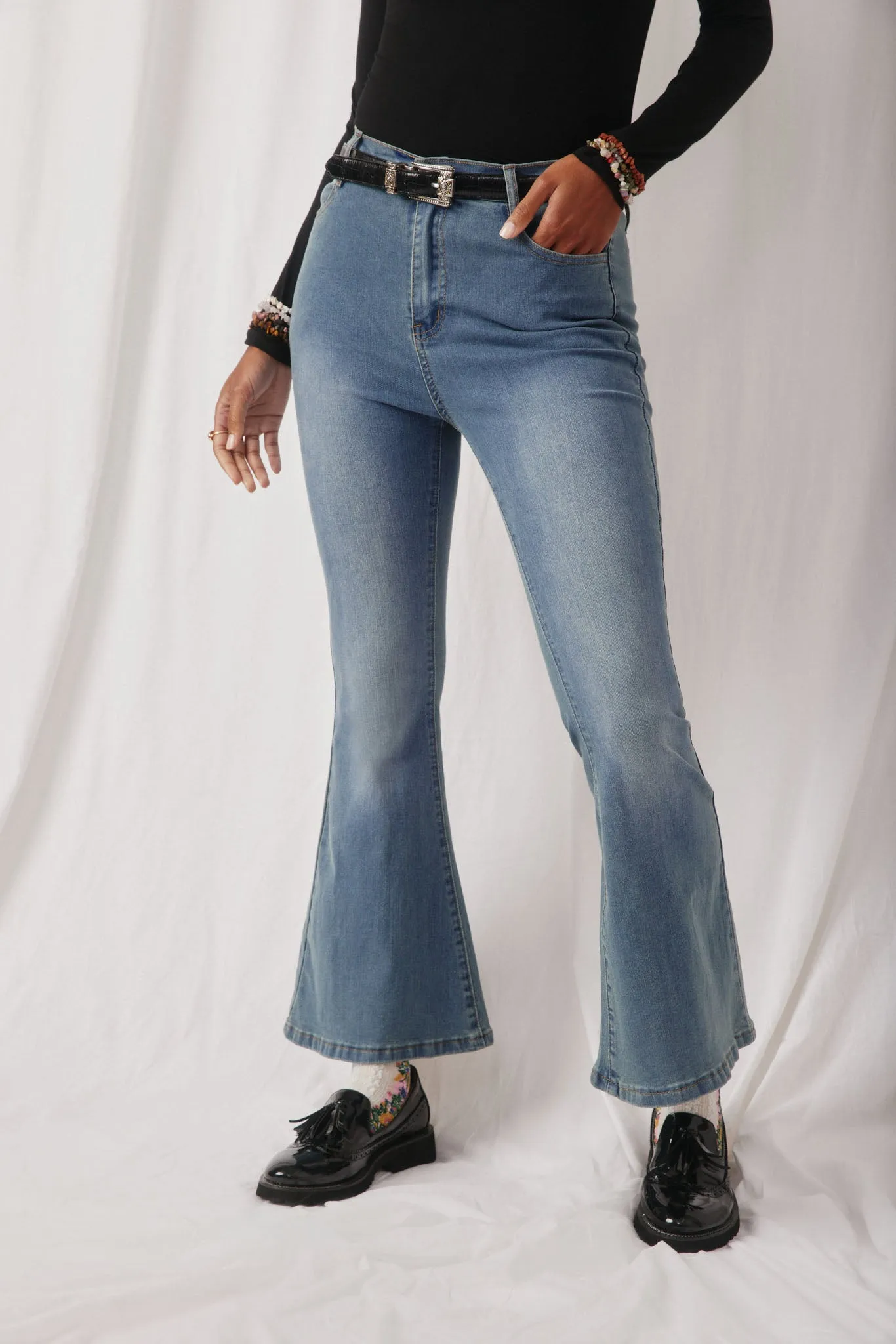 Flared Elastic Waist Stretch Denim Jeans