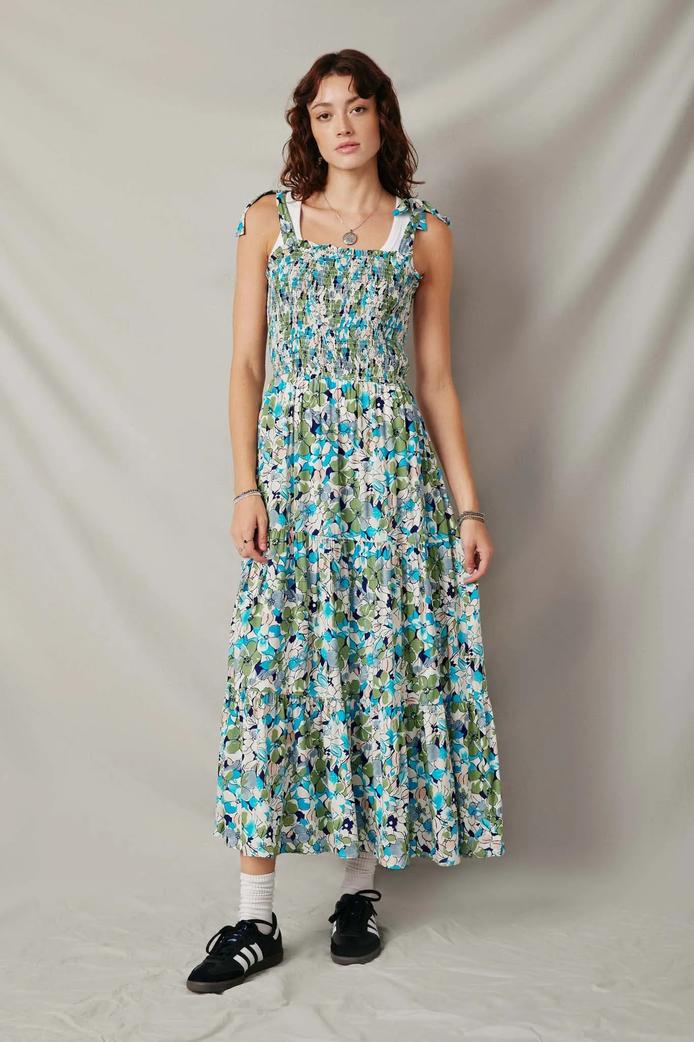 Floral Smocked Bodice Tie Shoulder Dress