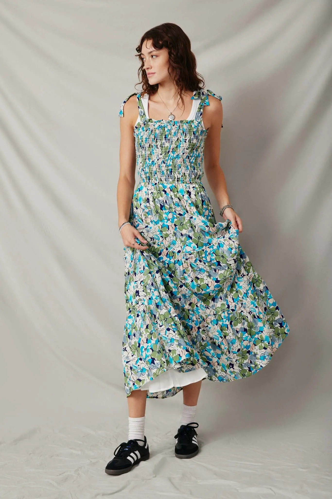 Floral Smocked Bodice Tie Shoulder Dress