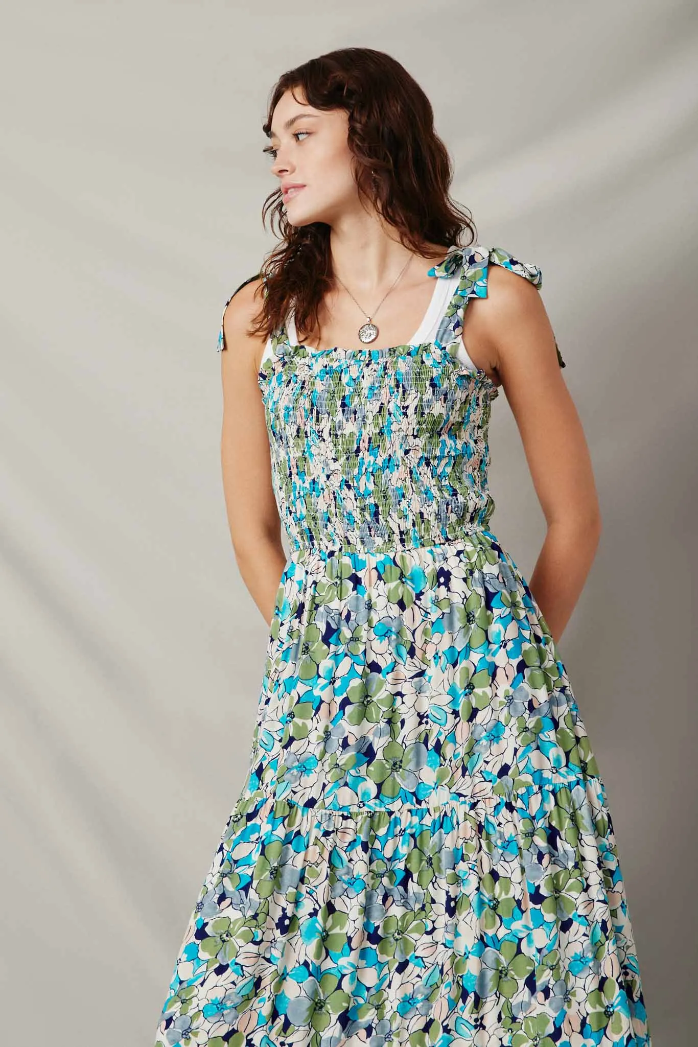 Floral Smocked Bodice Tie Shoulder Dress