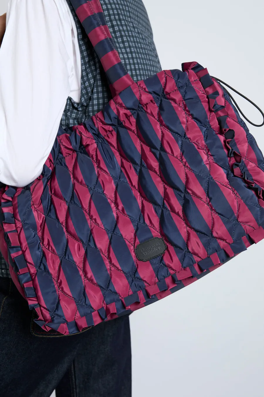 frill edge ruched tote bag - navy & burgundy stripe