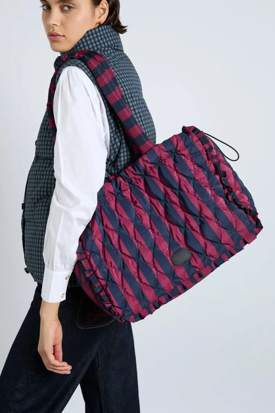 frill edge ruched tote bag - navy & burgundy stripe