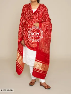 Gaji Silk Ajrakh Print Zig Zag Lagdi Patta Dupattas for heavy dresses and Lehengas , OR , KCPC Red