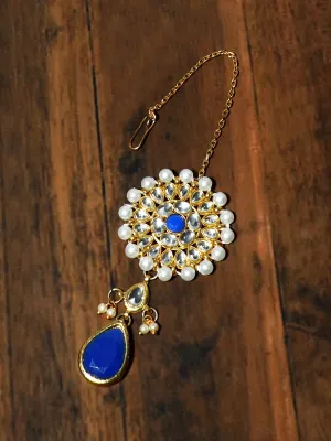 Gold Plated Pearl Beads Kundan Maangtikka with Blue Stone