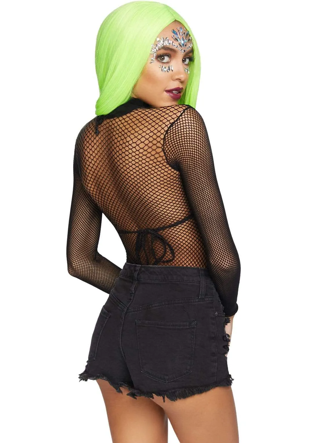 High Neck Long Sleeve Fishnet Bodysuit in Black