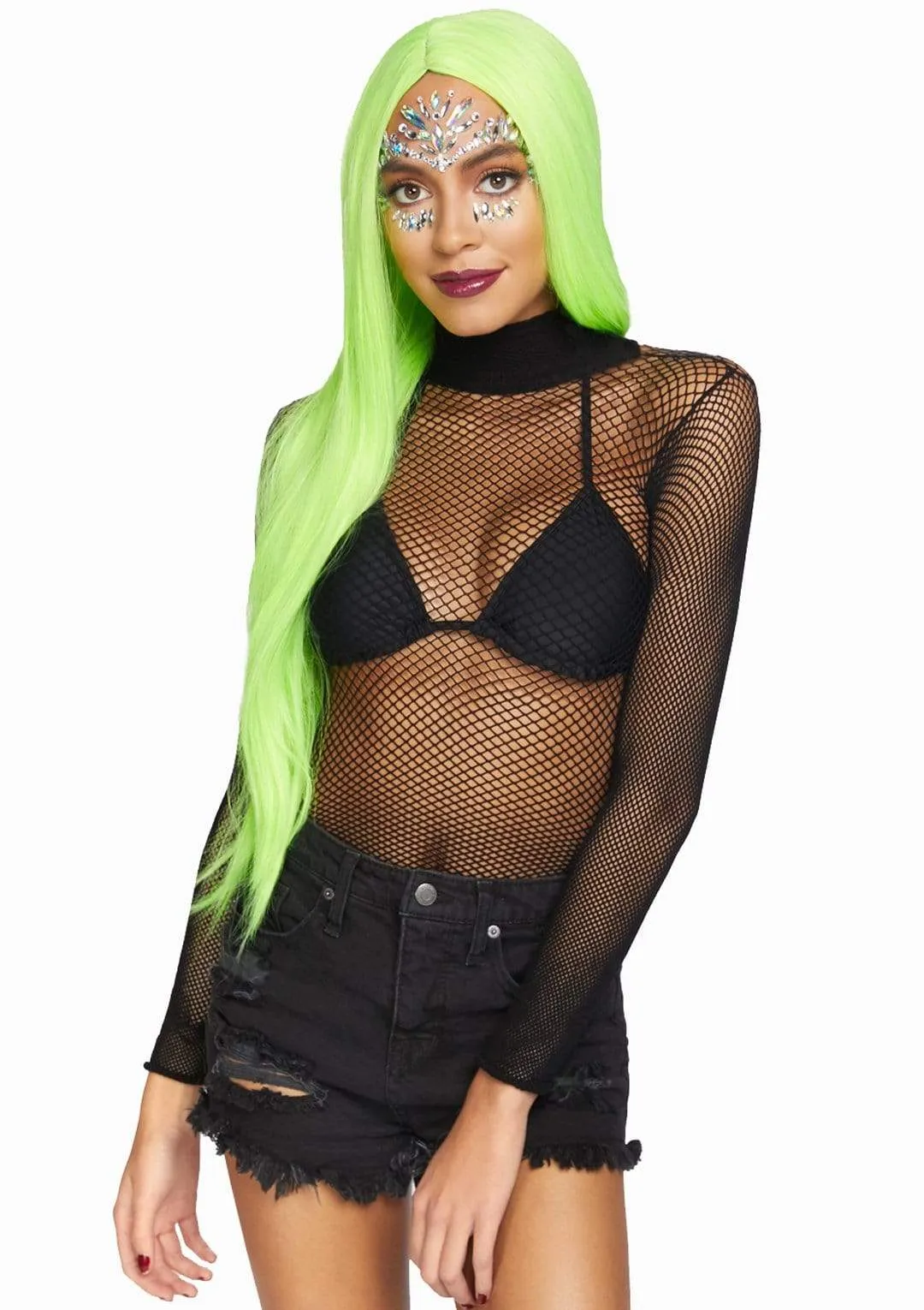 High Neck Long Sleeve Fishnet Bodysuit in Black