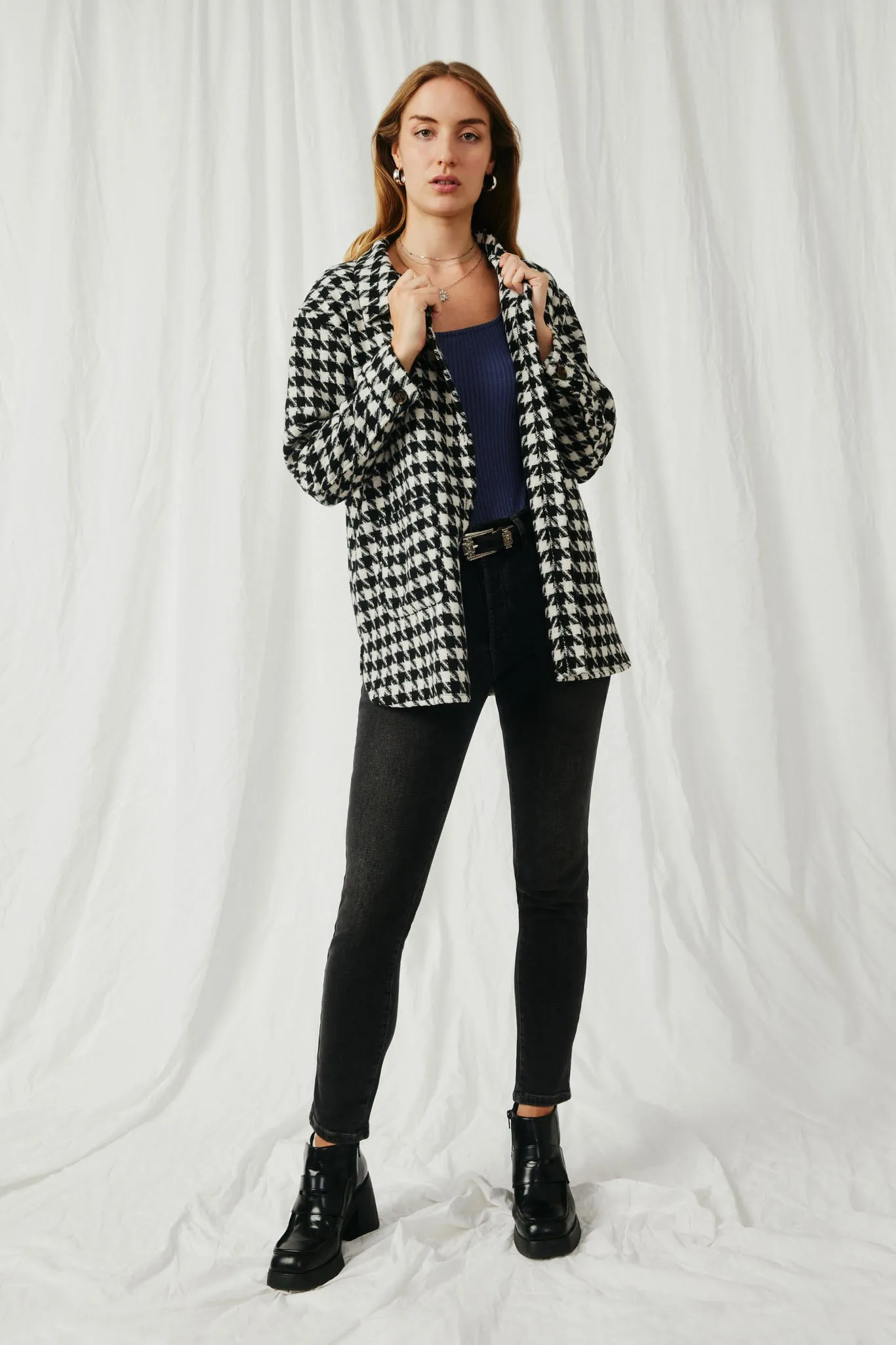 Houndstooth Front Pocket Button Detail Coat