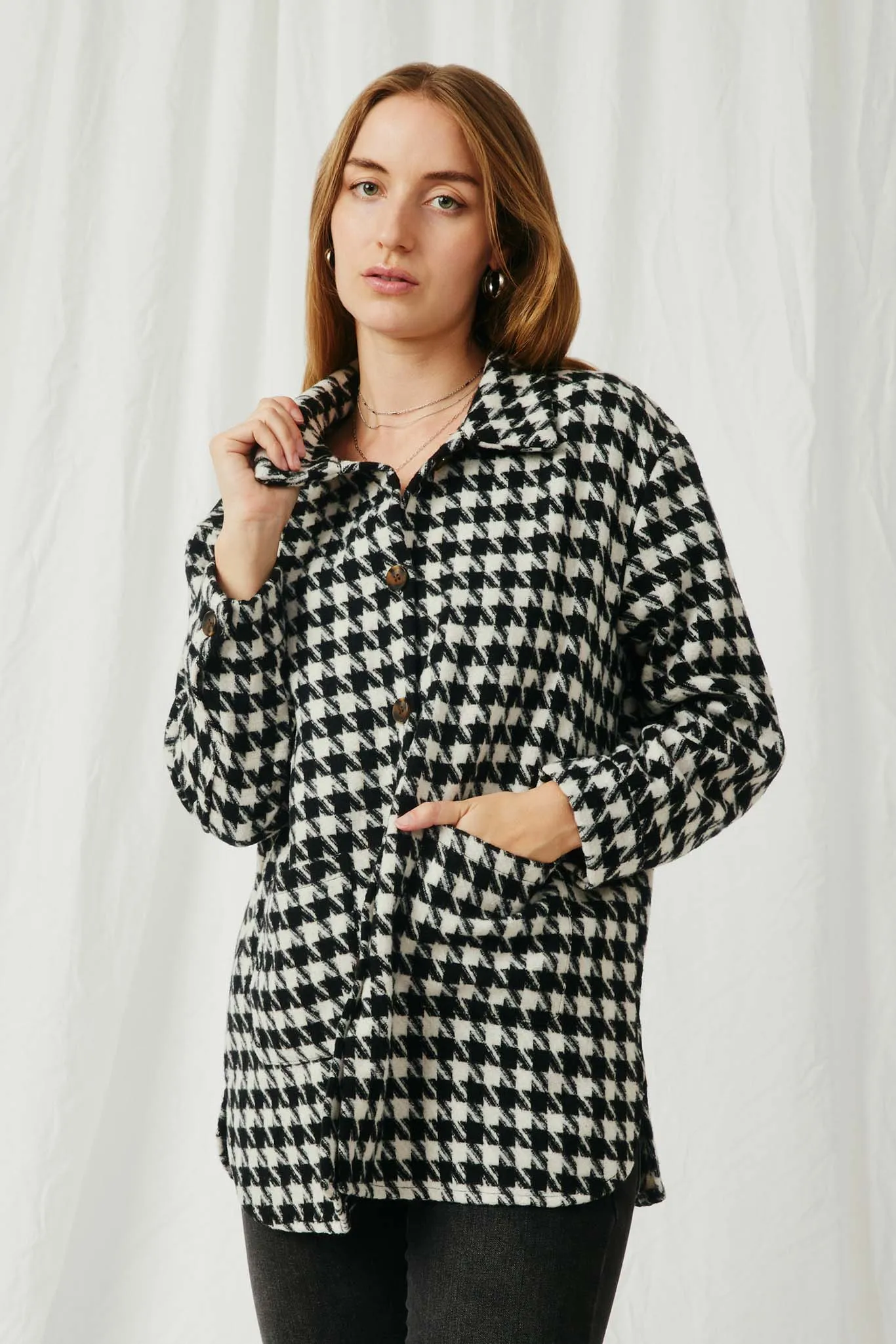 Houndstooth Front Pocket Button Detail Coat