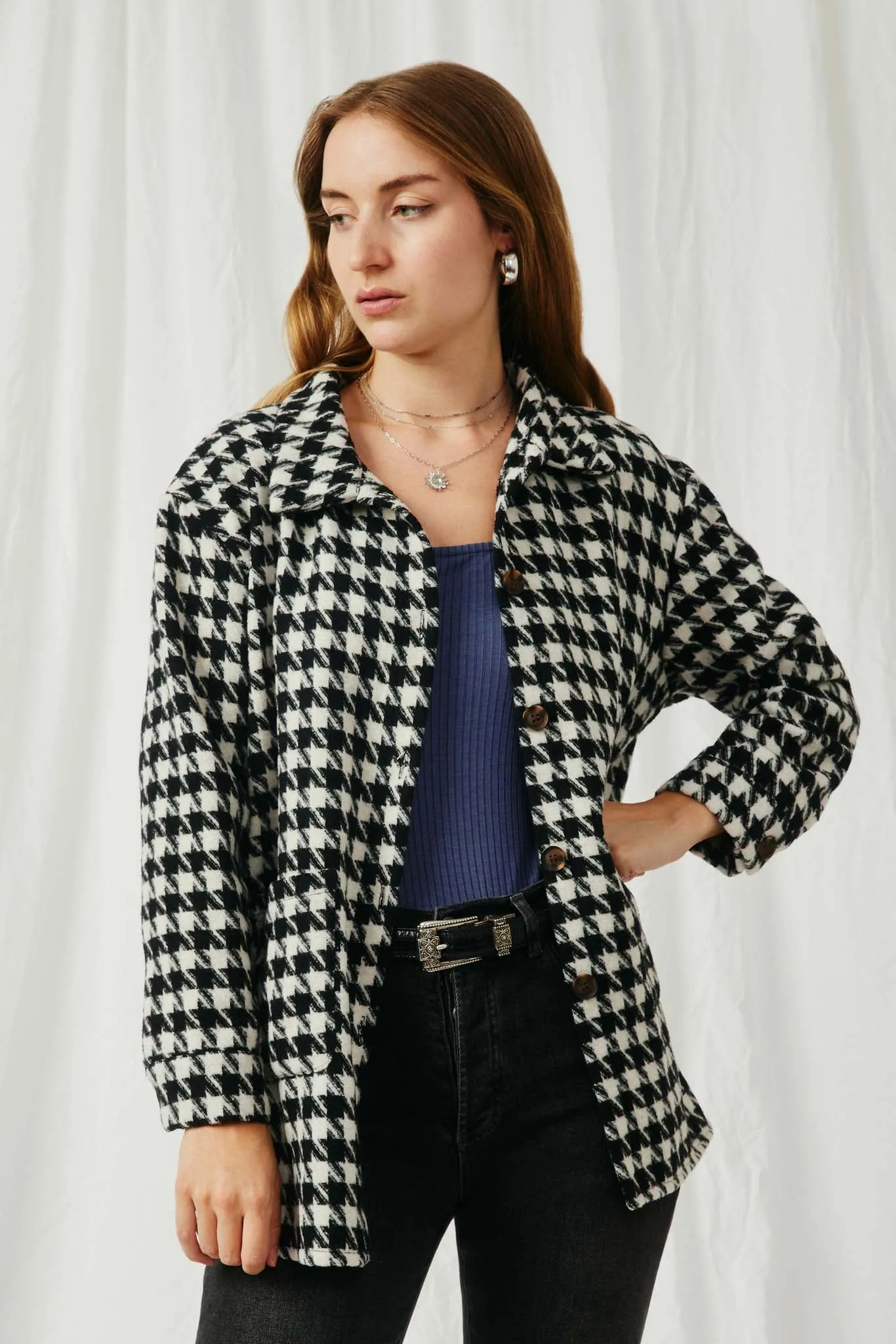 Houndstooth Front Pocket Button Detail Coat