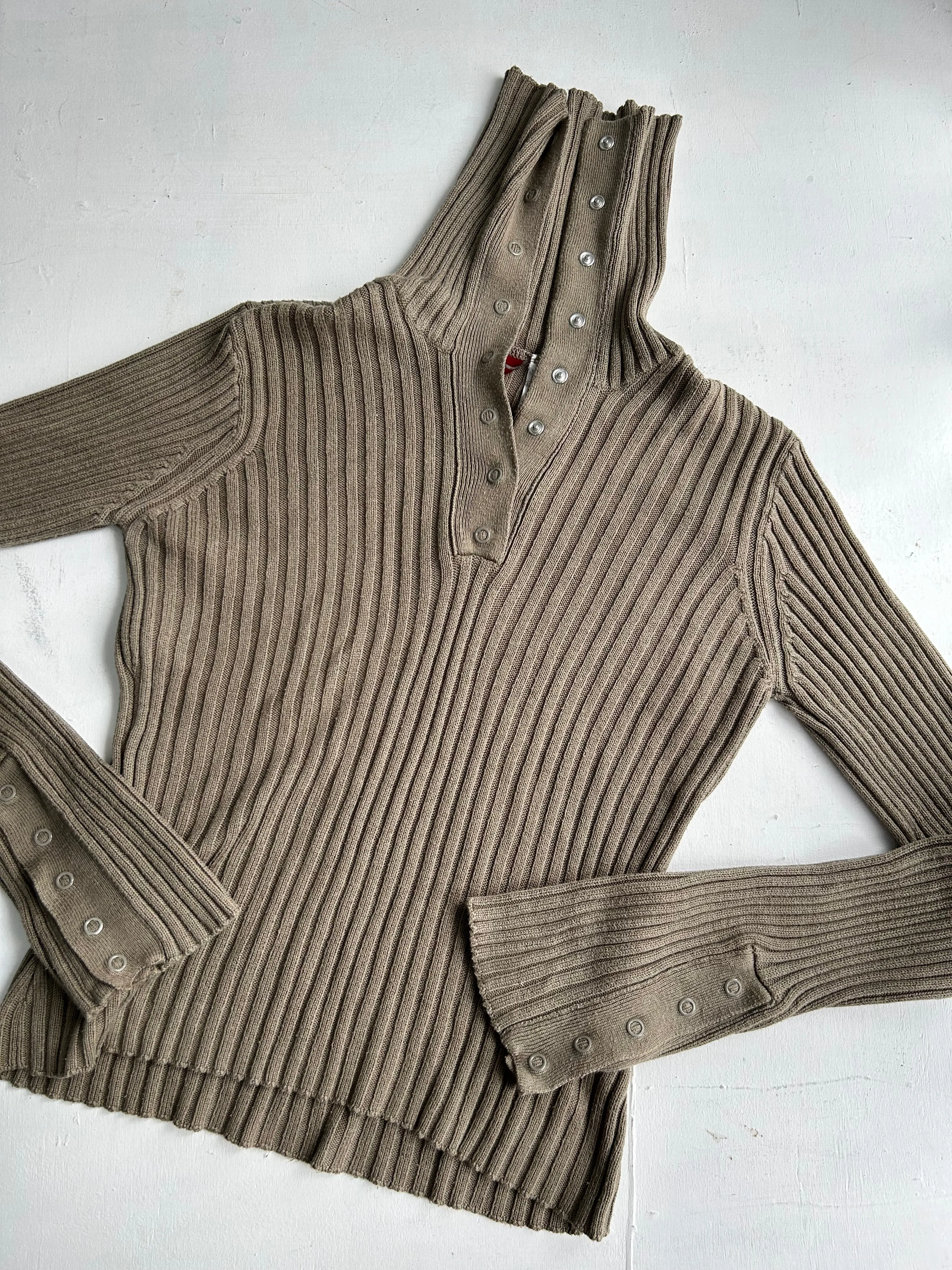 Khaki ribbed high neck stretchy jumper (S/M)