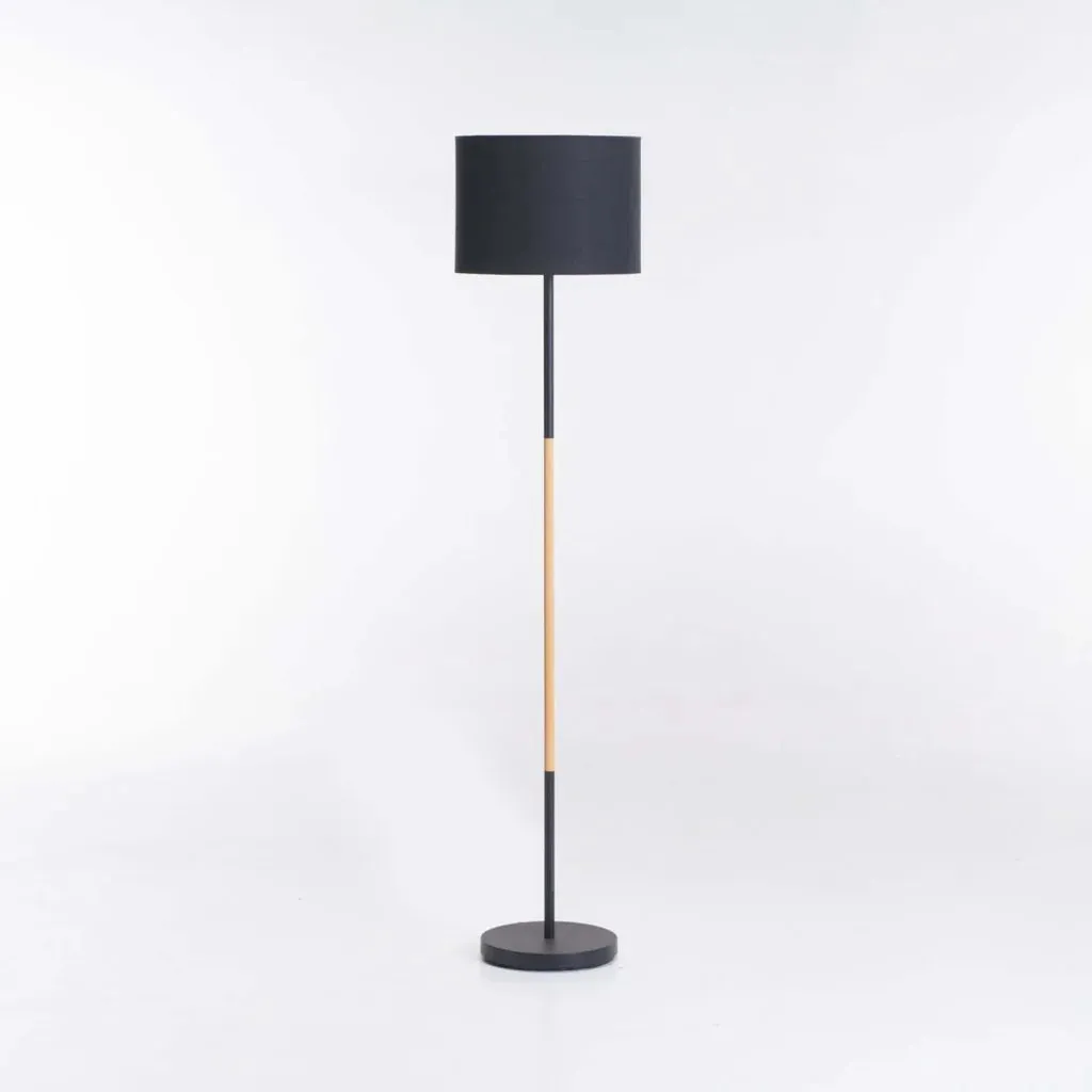 LAMP FLOOR-BLACK WOOD-BLACK FABRIC SHADE 150cm H