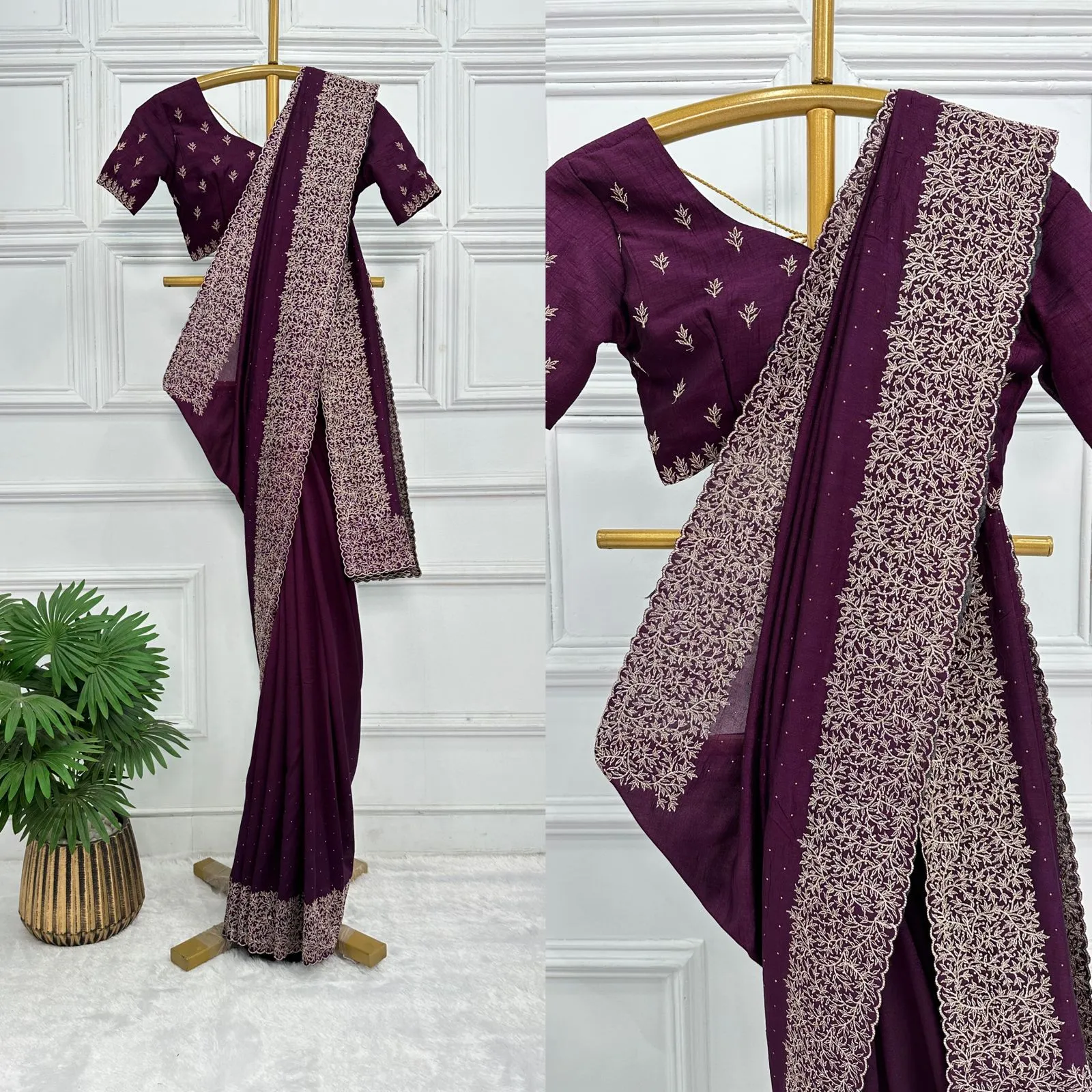 Latest heavy blooming vichitra silk with embroidery and diamond work HM Purple