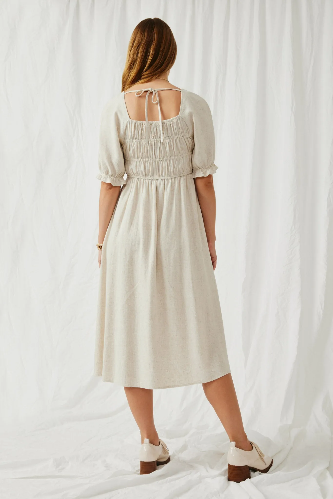 Linen Blend Peasant Smocked Square Neck Dress