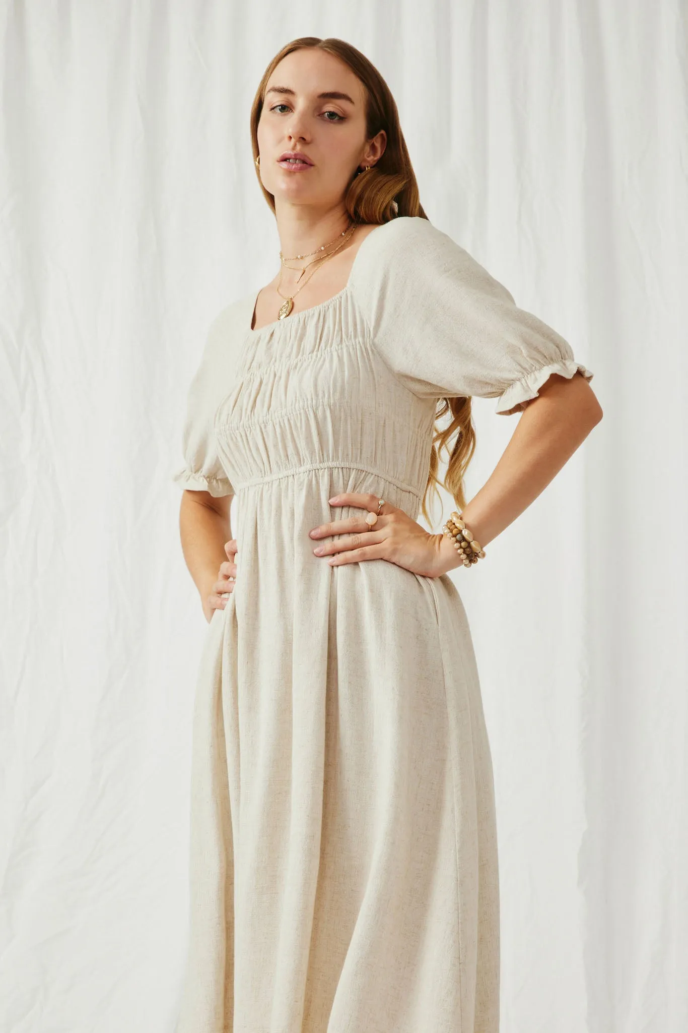 Linen Blend Peasant Smocked Square Neck Dress