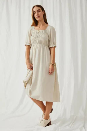 Linen Blend Peasant Smocked Square Neck Dress