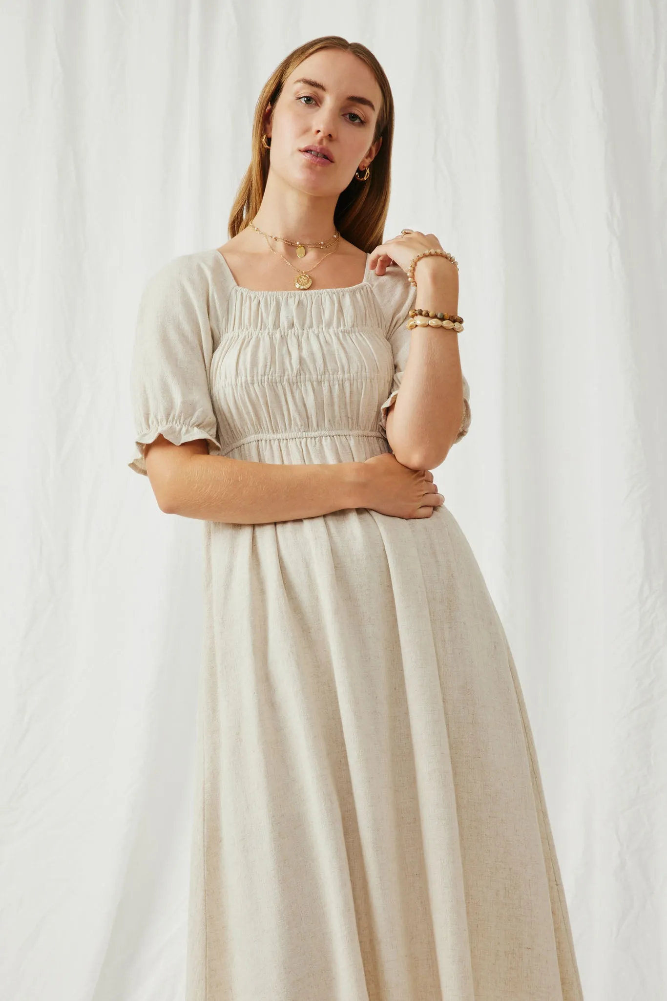 Linen Blend Peasant Smocked Square Neck Dress