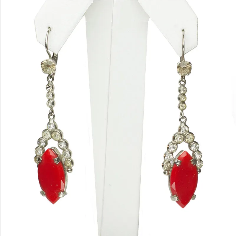 Lipstick-Red Glass Drop Earrings with Diamantés