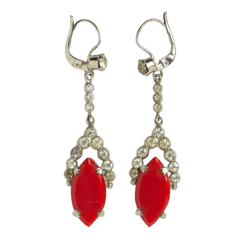 Lipstick-Red Glass Drop Earrings with Diamantés