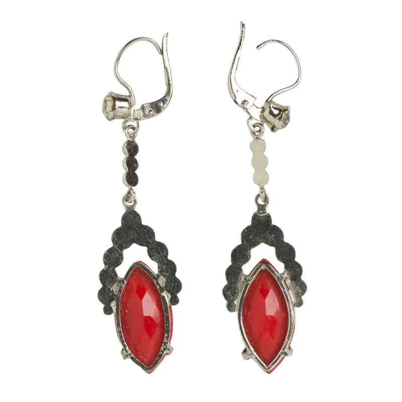 Lipstick-Red Glass Drop Earrings with Diamantés