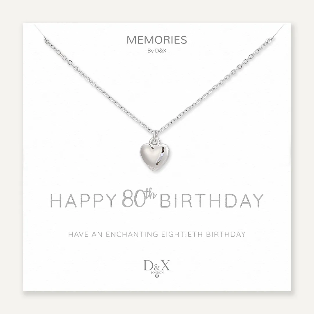 Memories: "HAPPY 80TH BIRTHDAY" | Heart Necklace | White Gold-Plated