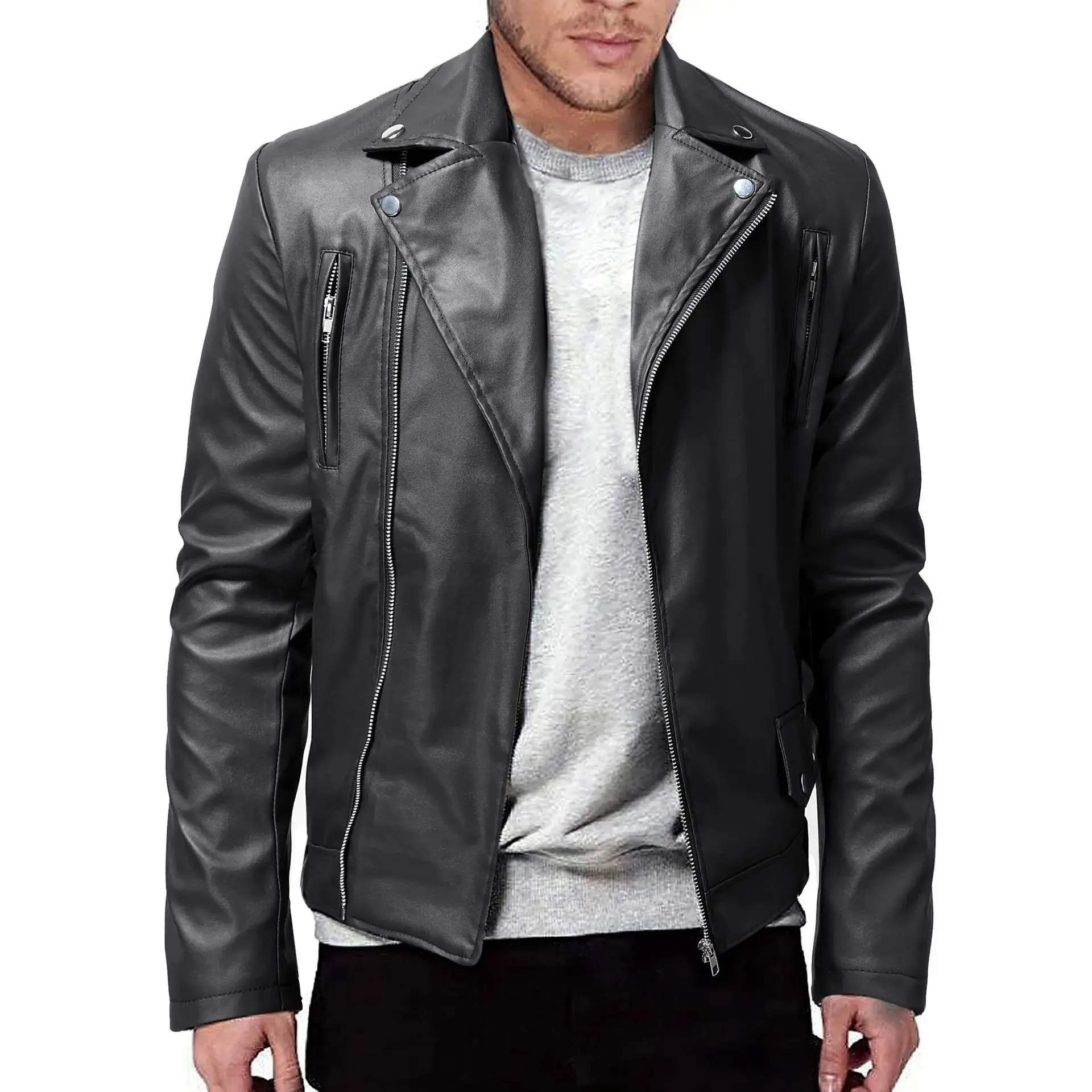 Men Leather Jacket Solid Color Casual Slim-Fit Zipper Long Sleeve Turn-Down Collar Motorcycle Leather Jacket Coat Men Clothing