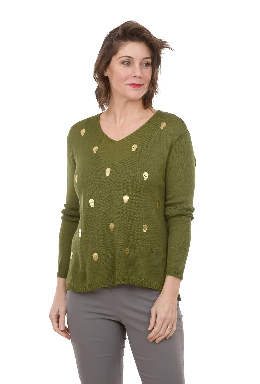 Metallic Mini Skull Sweater, Forest