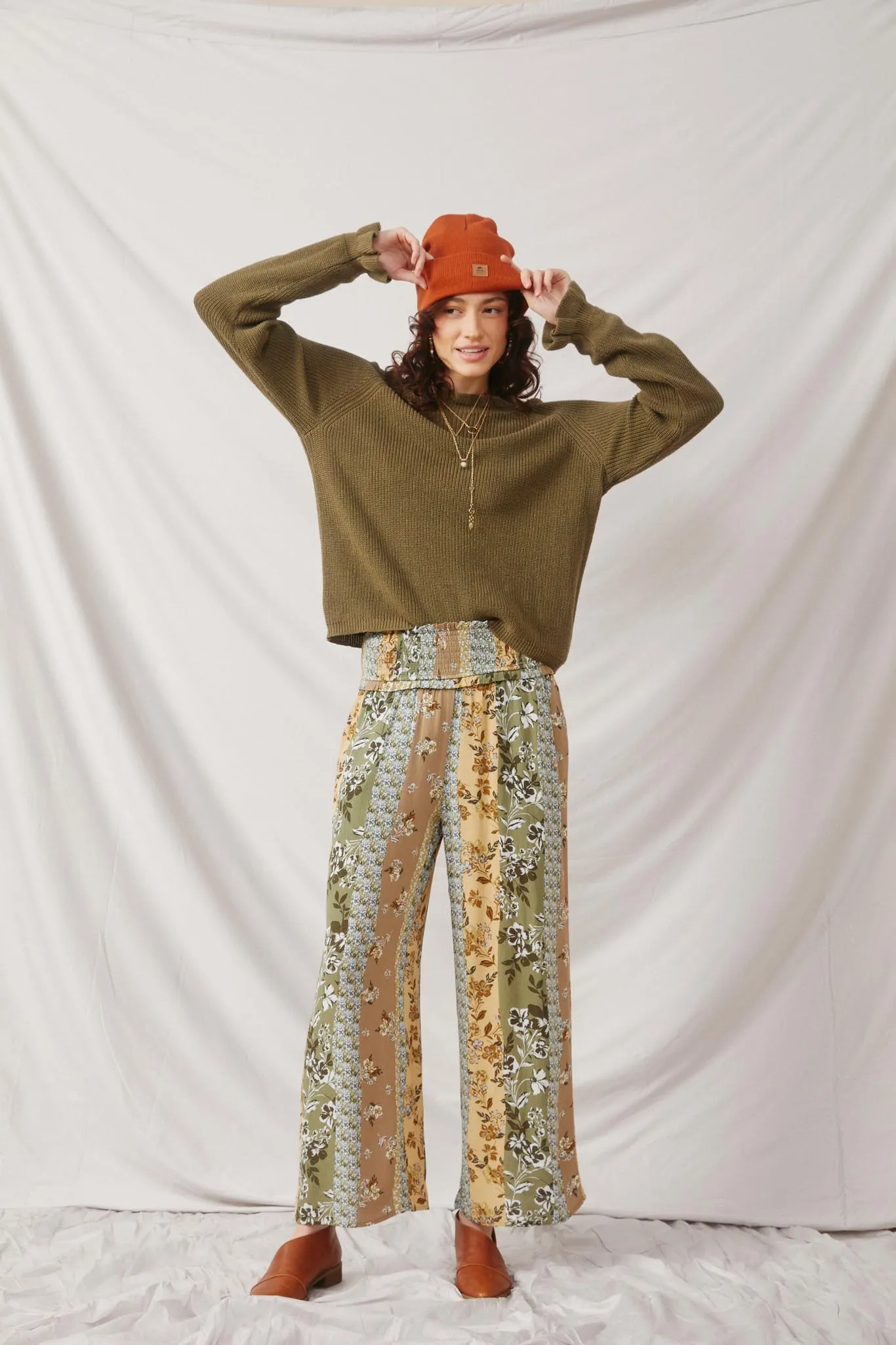 Mixed Print Block Smocked Waist Wide Leg Pants