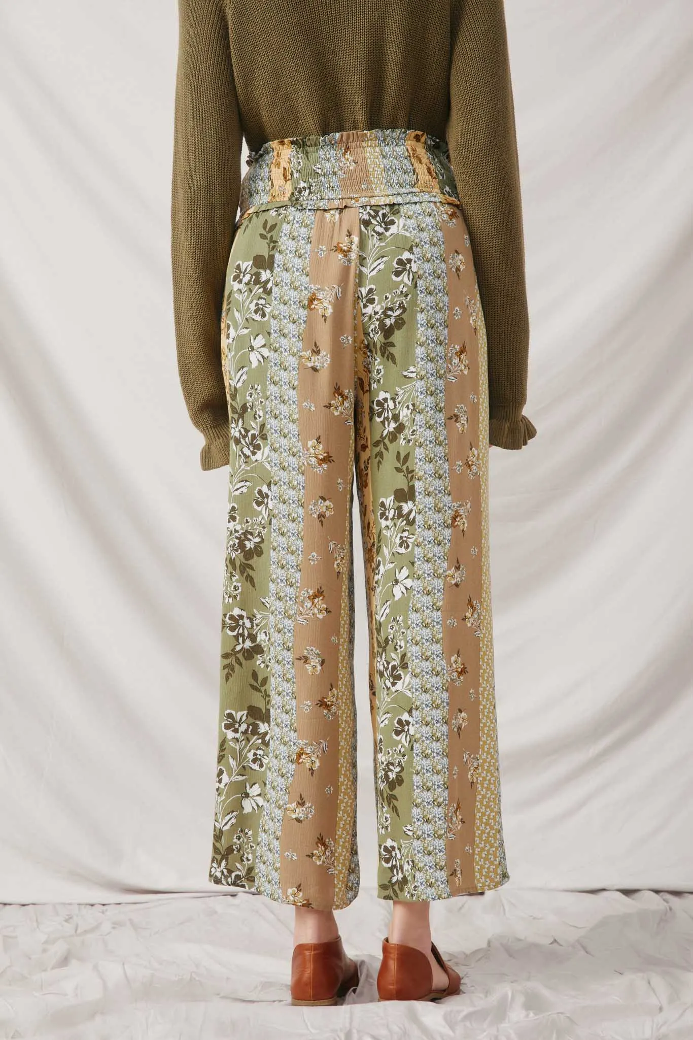 Mixed Print Block Smocked Waist Wide Leg Pants