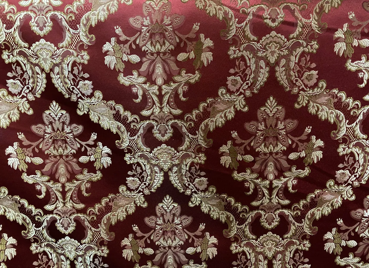 NEW Prince Lucas Designer Brocade Satin Medallion Fabric- Red & Gold- Upholstery & Drapery