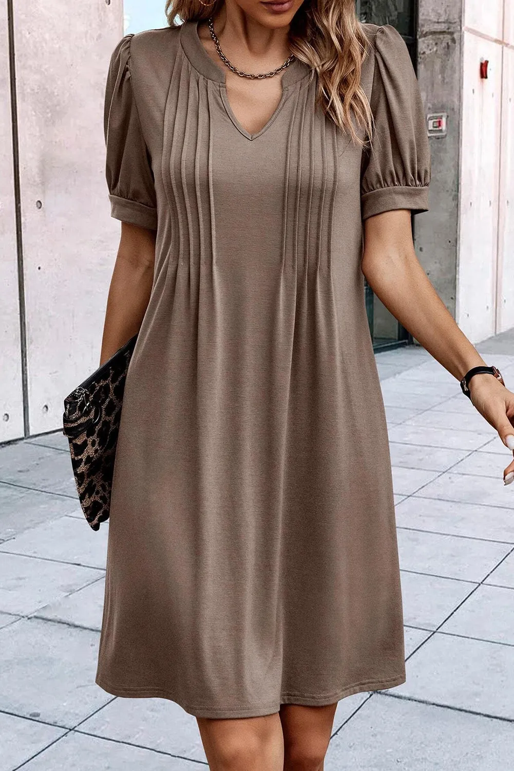 Notched Neck Pleated Puff Sleeve Shift T-shirt Dress