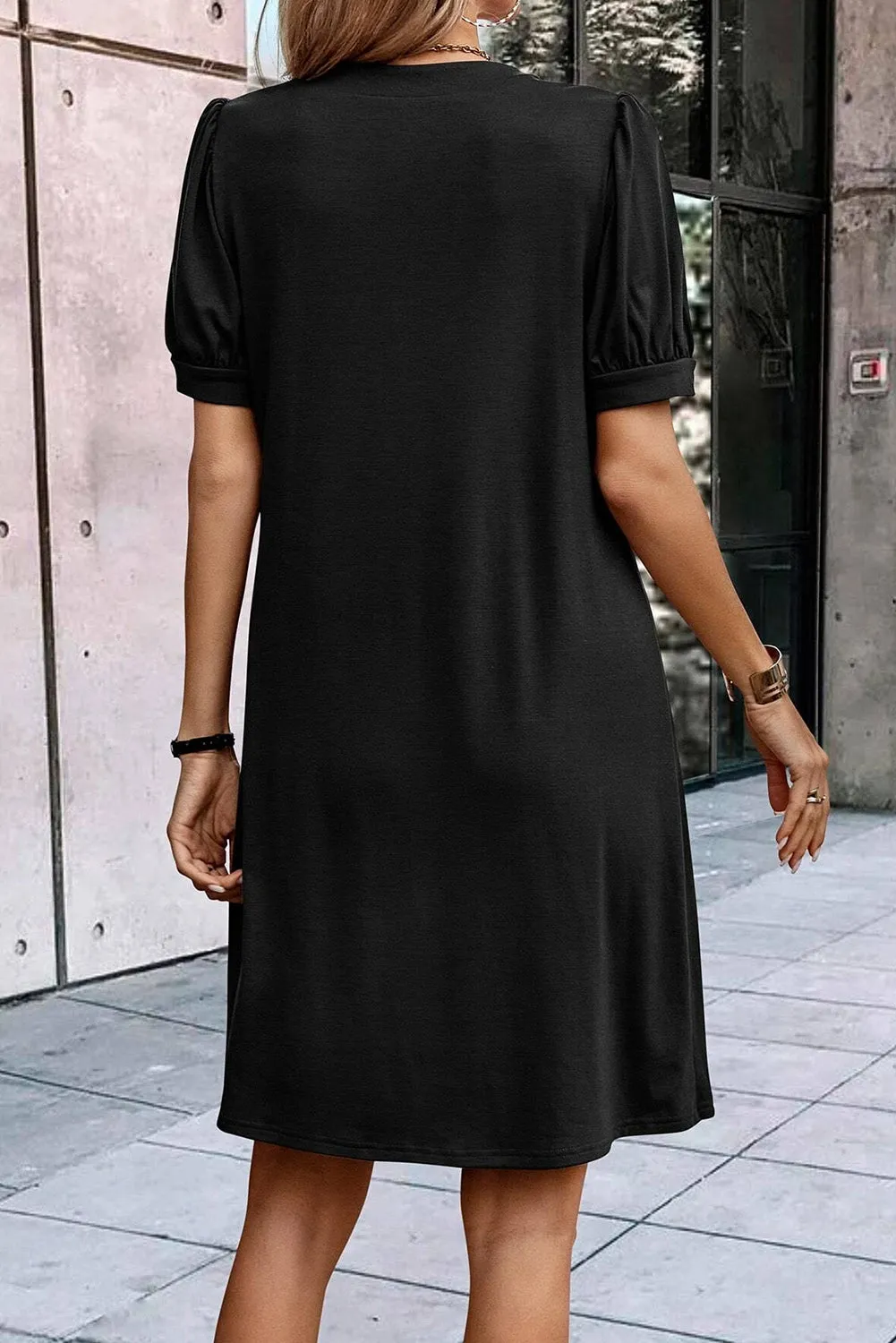 Notched Neck Pleated Puff Sleeve Shift T-shirt Dress