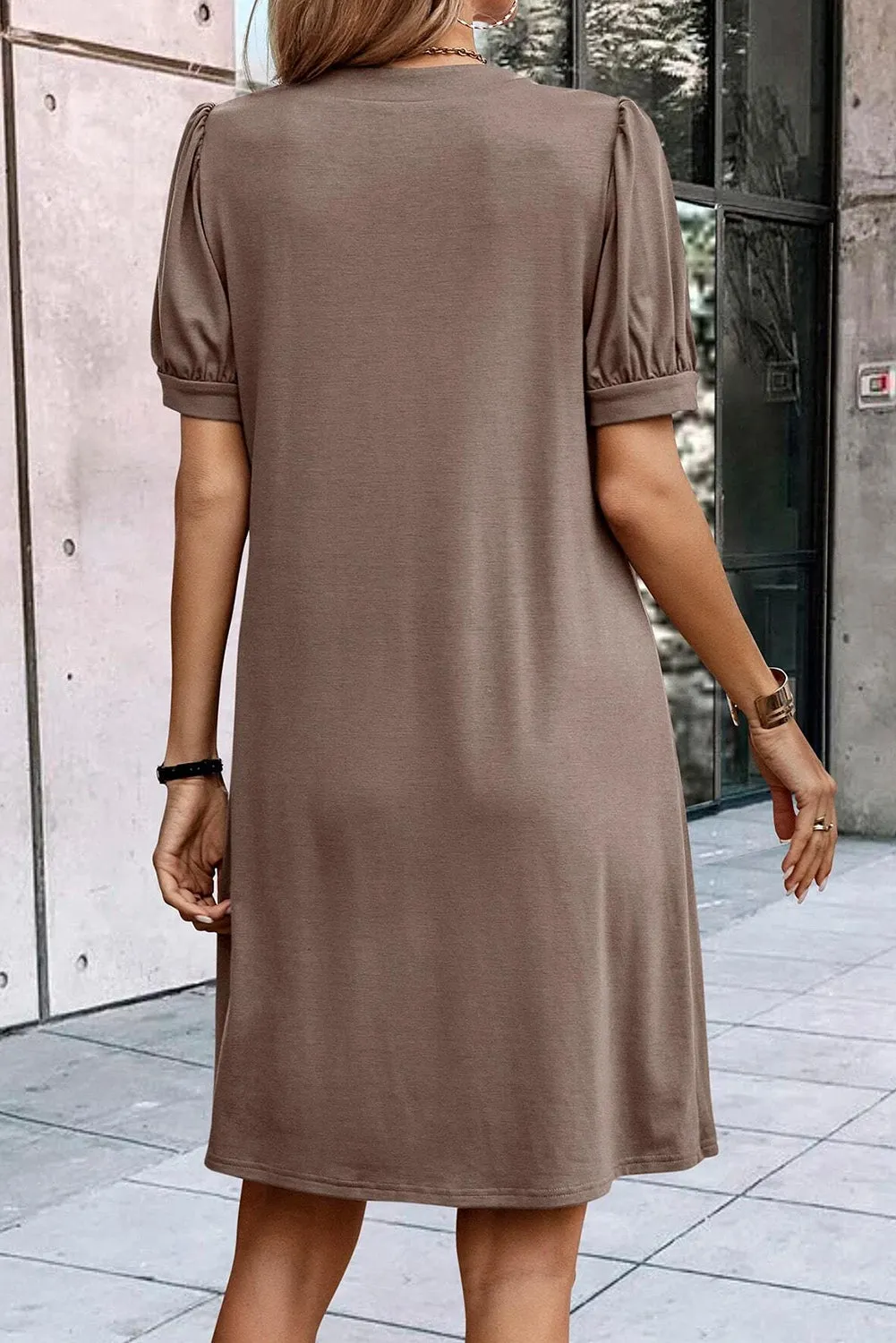 Notched Neck Pleated Puff Sleeve Shift T-shirt Dress