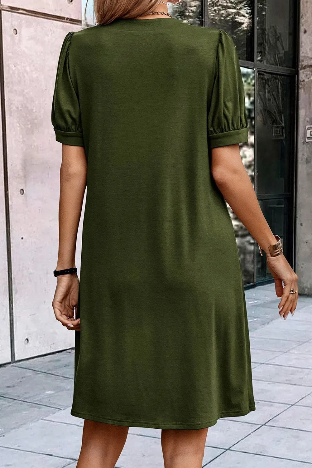 Notched Neck Pleated Puff Sleeve Shift T-shirt Dress