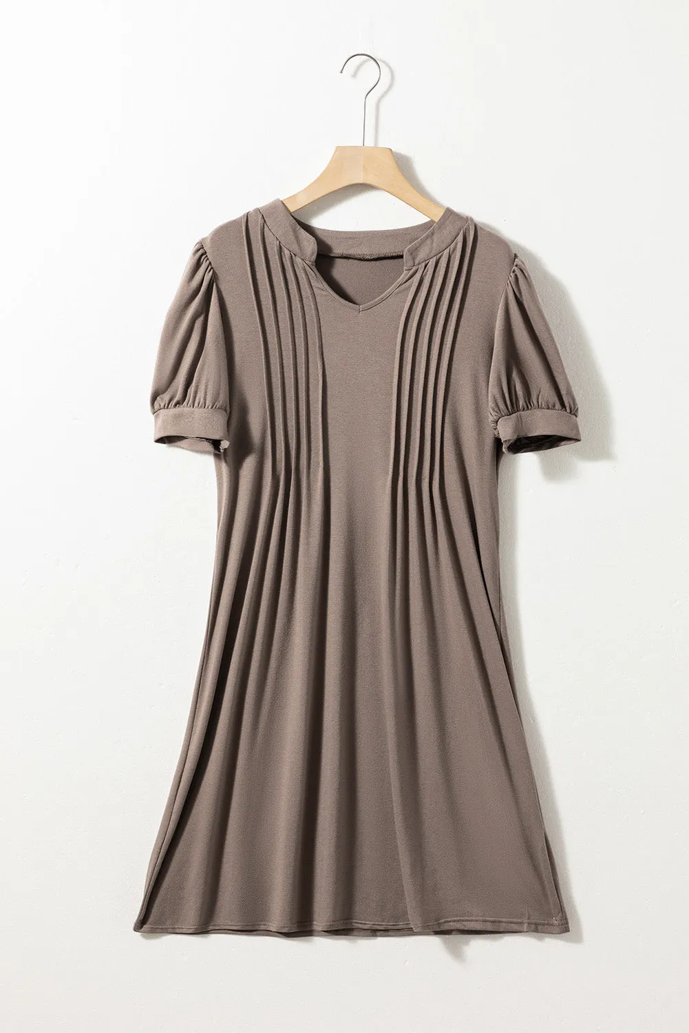 Notched Neck Pleated Puff Sleeve Shift T-shirt Dress