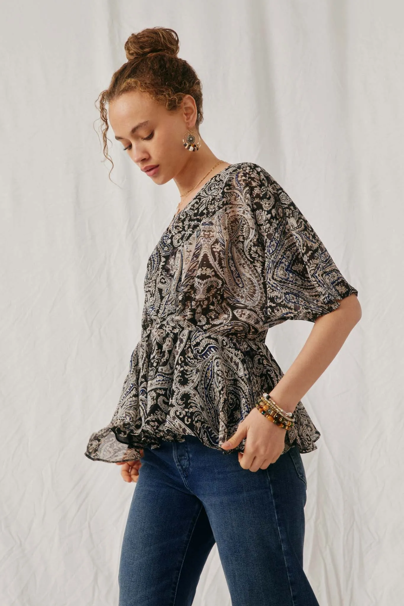 Paisley Print Dolman Peplum Top