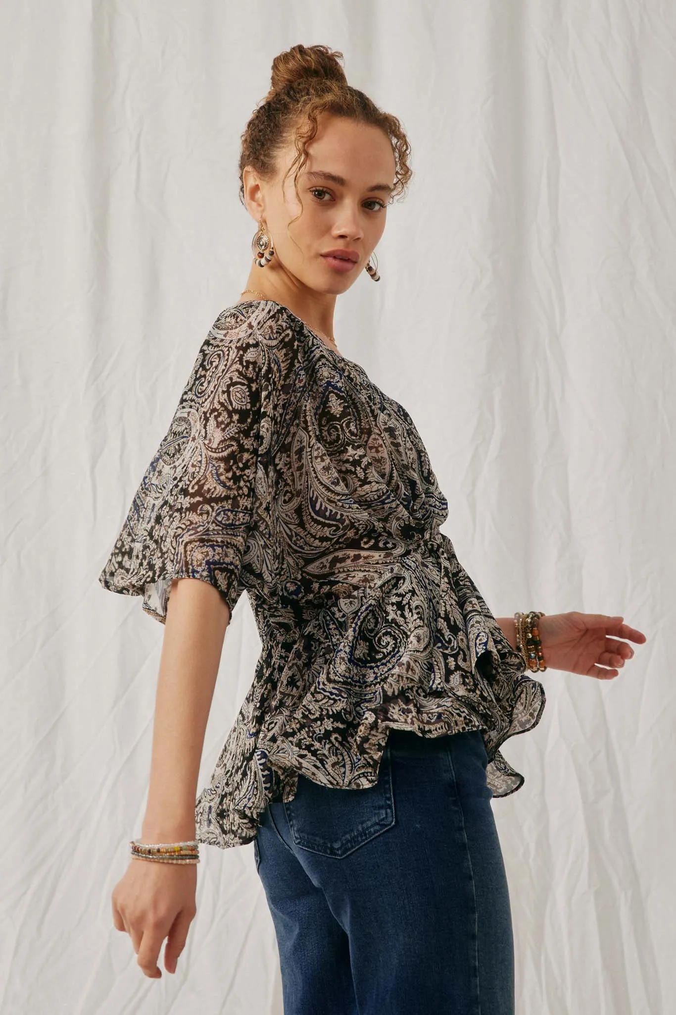 Paisley Print Dolman Peplum Top